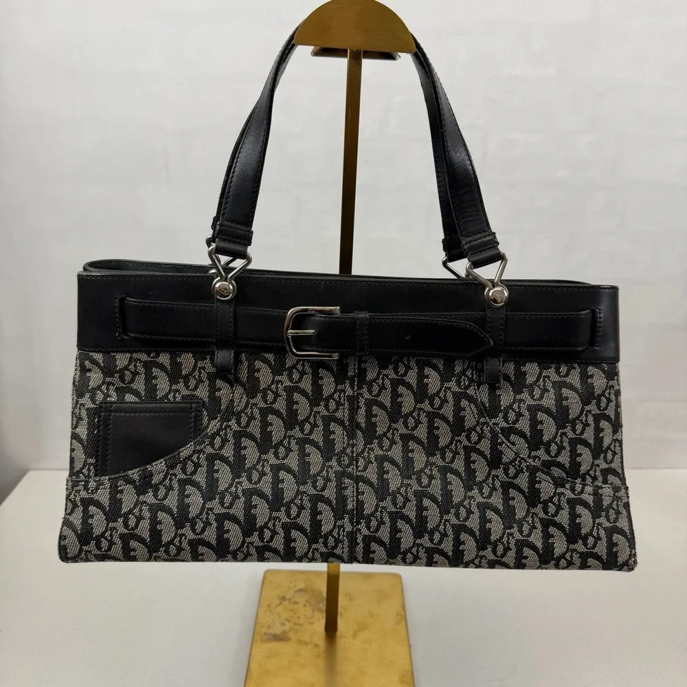 Christian Dior Trotter Canvas Logo Tote Bag Black Leather Trim‎ Vintage
